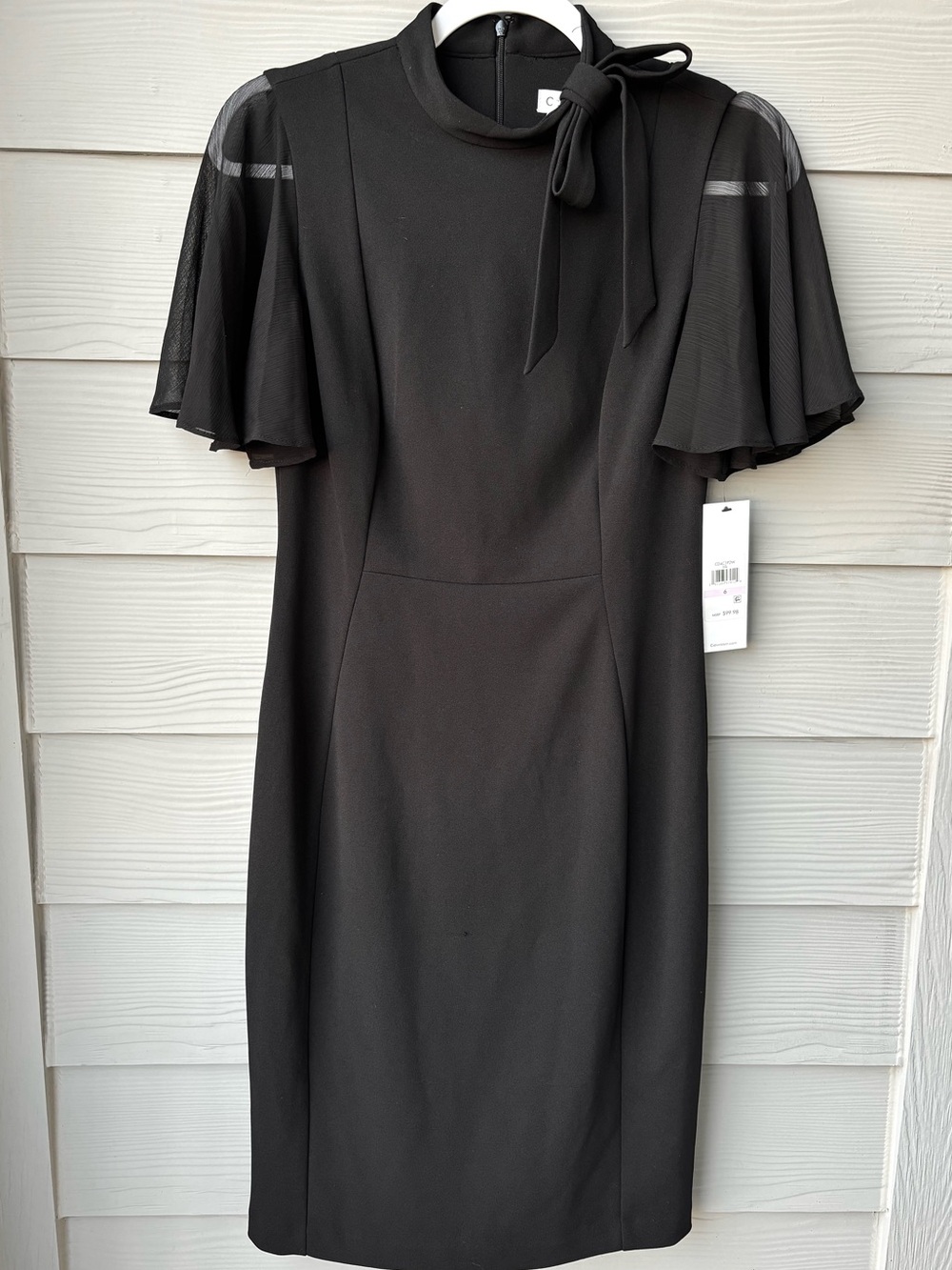 Calvin Klein Black Sheath Dress Size 6 Sheer Flutter Sleeve Tie Neck NWT
